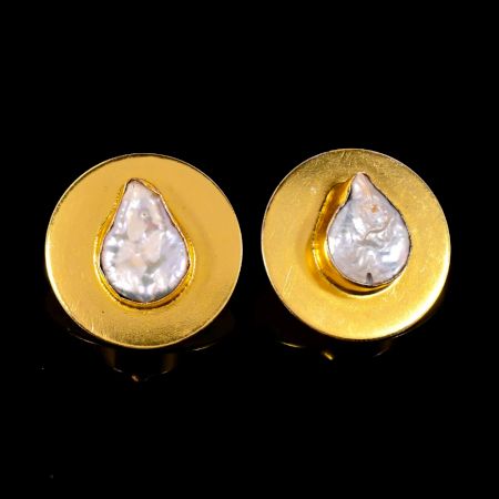 Handmade Brass Round Stud Earrings with Baroque Pearl Stones and 22k Gold Plating